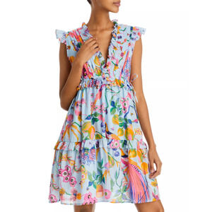 Banjanan Chandra Dress Tiered Ruffle Trim Cap Sleeve V Neck Cool Blue Small